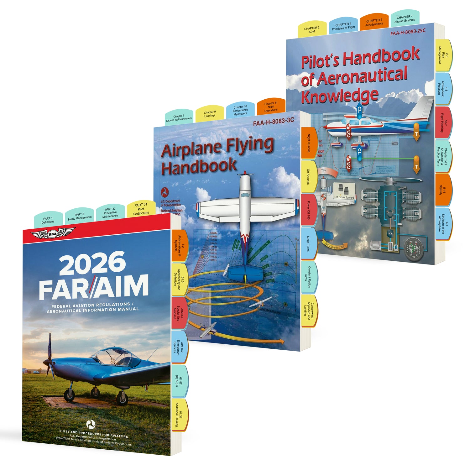 Set of aviation reference books including 'Airplane Flying Handbook' and '2026 FAR/AIM'.